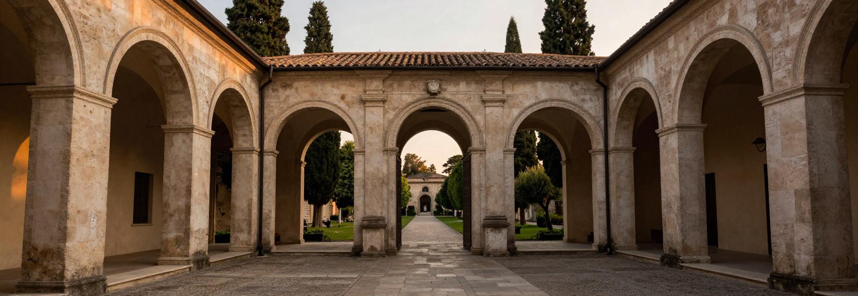 Archi di un chiostro in pietra aperti su un giardino di cipressi