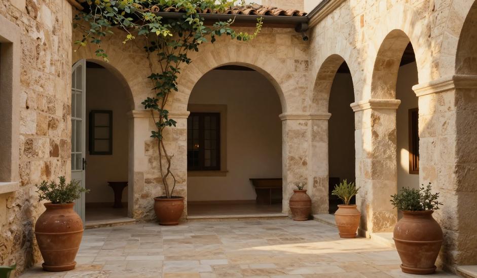 Cortile in pietra con archi e vasi in terracotta