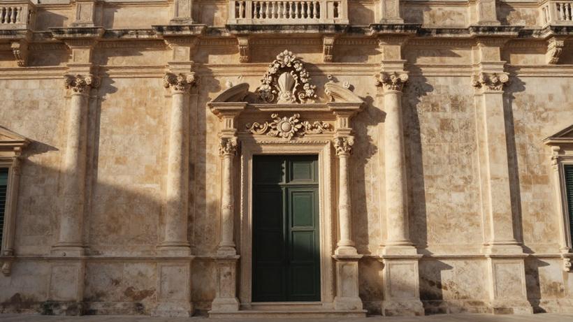 Portale in pietra scolpita con una porta verde