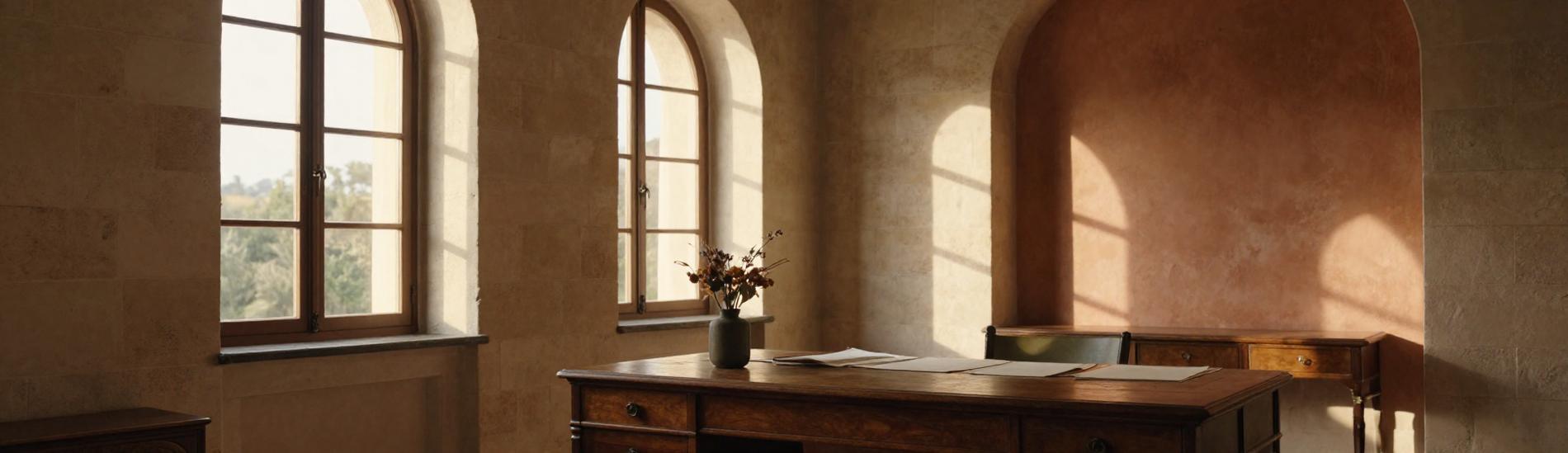 Stanza luminosa con finestre ad arco e uno scrittoio antico