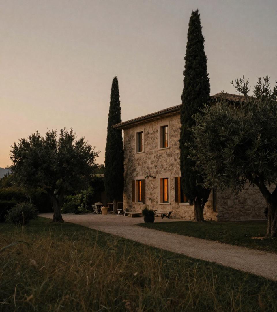 Villa in pietra con finestre illuminate tra i cipressi al crepuscolo